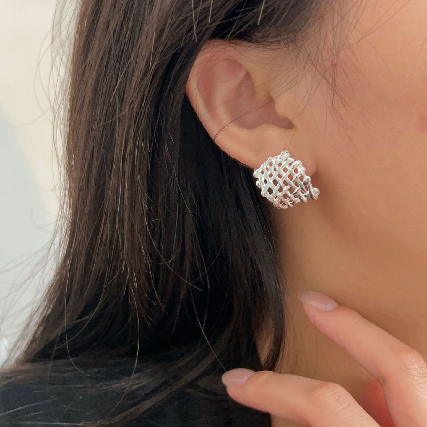 C3廠 韓版重工編制網格幾何S925純銀耳環 批發 折扣@洽客服 25/11.W4「HES012-1」