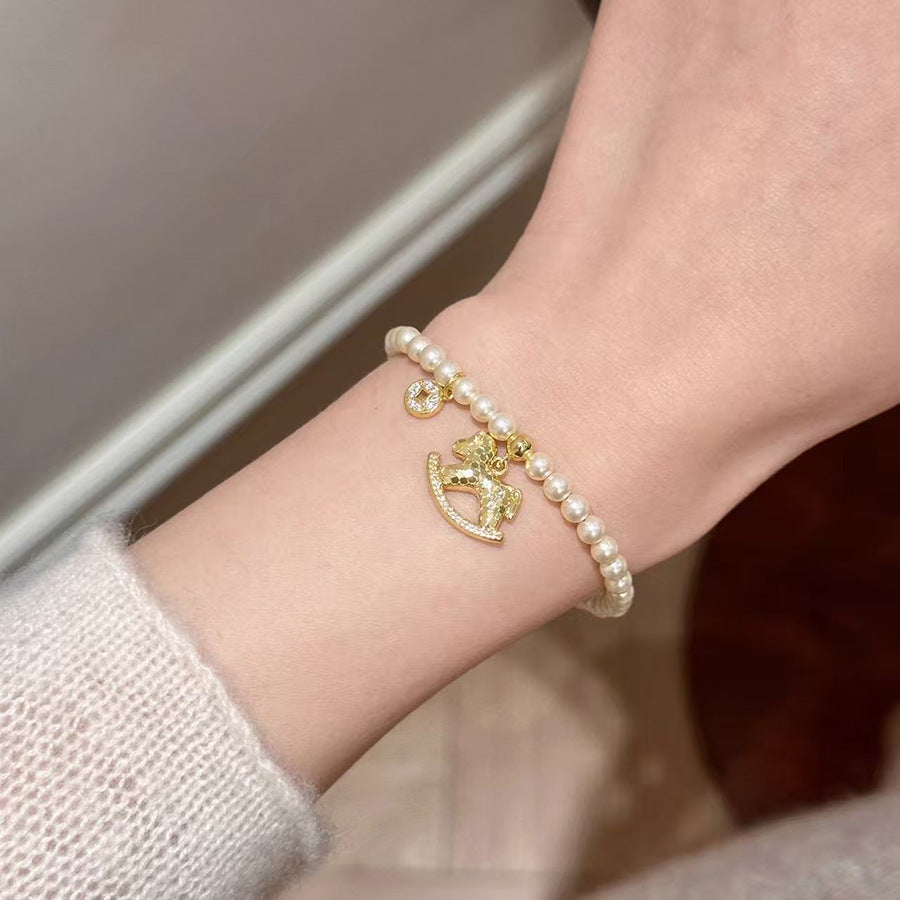 A2廠 韓國韓版珍珠鋯石銅錢小馬手鍊 批發 折扣@洽客服 25.12.W1「HB4968」