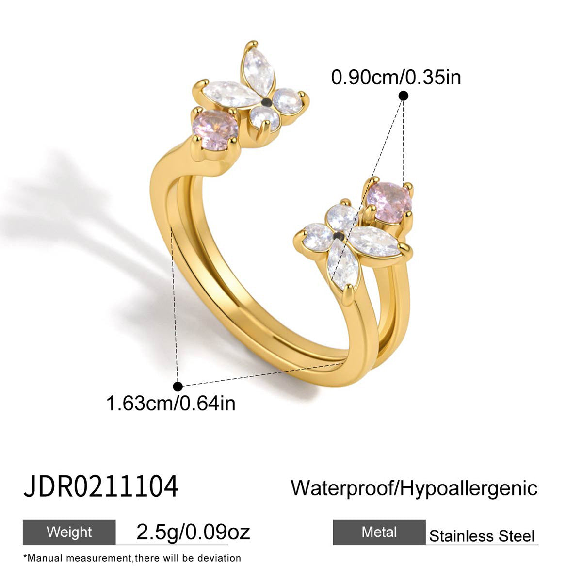 B廠 歐美款 ELIZABETH 鋯石蝴蝶鈦鋼鍍18K金開口戒指 26.06.W1「JDR0211104,JDR0211105,JDR0211106」
