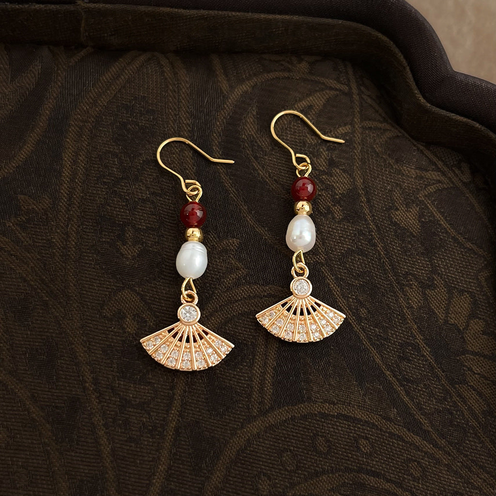 A廠 日韓款手作淡水珍珠紅瑪瑙扇形耳環 批發 折扣@洽客服 26.01.W1「7025」