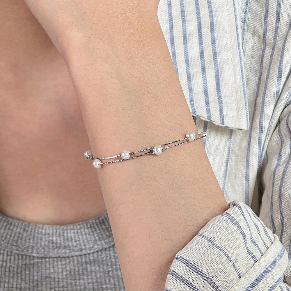 C廠 韓國韓版雙層疊戴珍珠S925純銀手鍊 批發 折扣@洽客服 26.01.W1「YL0125」