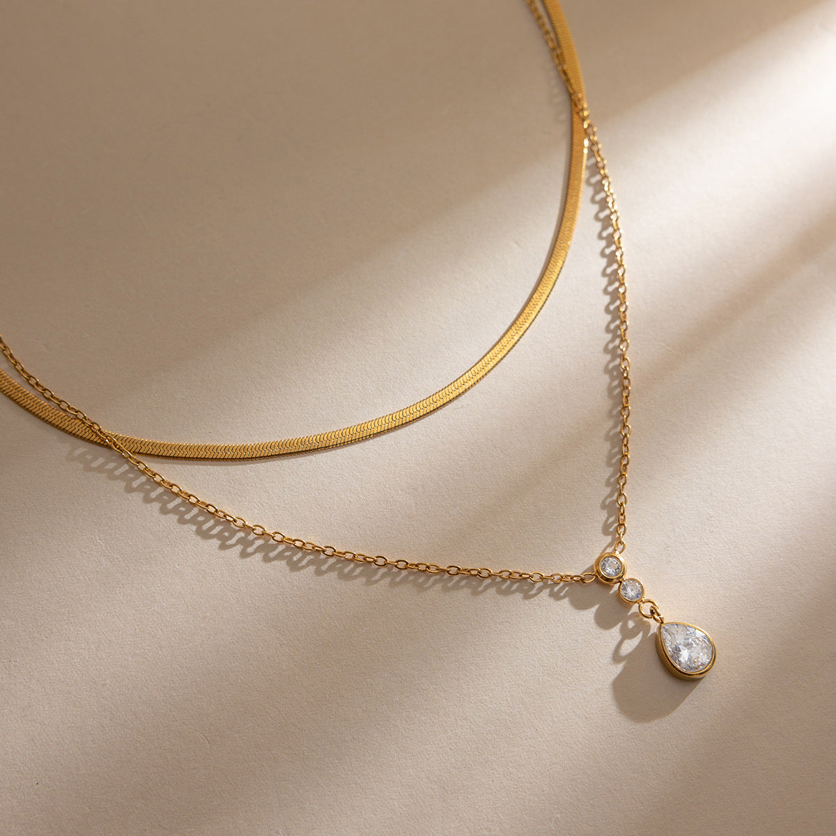 B廠 歐美款 水滴鋯石吊墜O字鏈雙層鈦鋼鍍18K金項鍊 批發 折扣@洽客服 26.03.W1「JDN0311126」