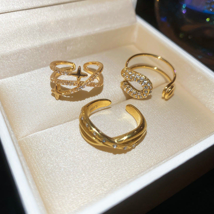 A2廠 韓國韓版鋯石芒星交叉雙層時尚開口戒指 批發 折扣@洽客服 25.11.W3「HR2775-TR124-TR125」