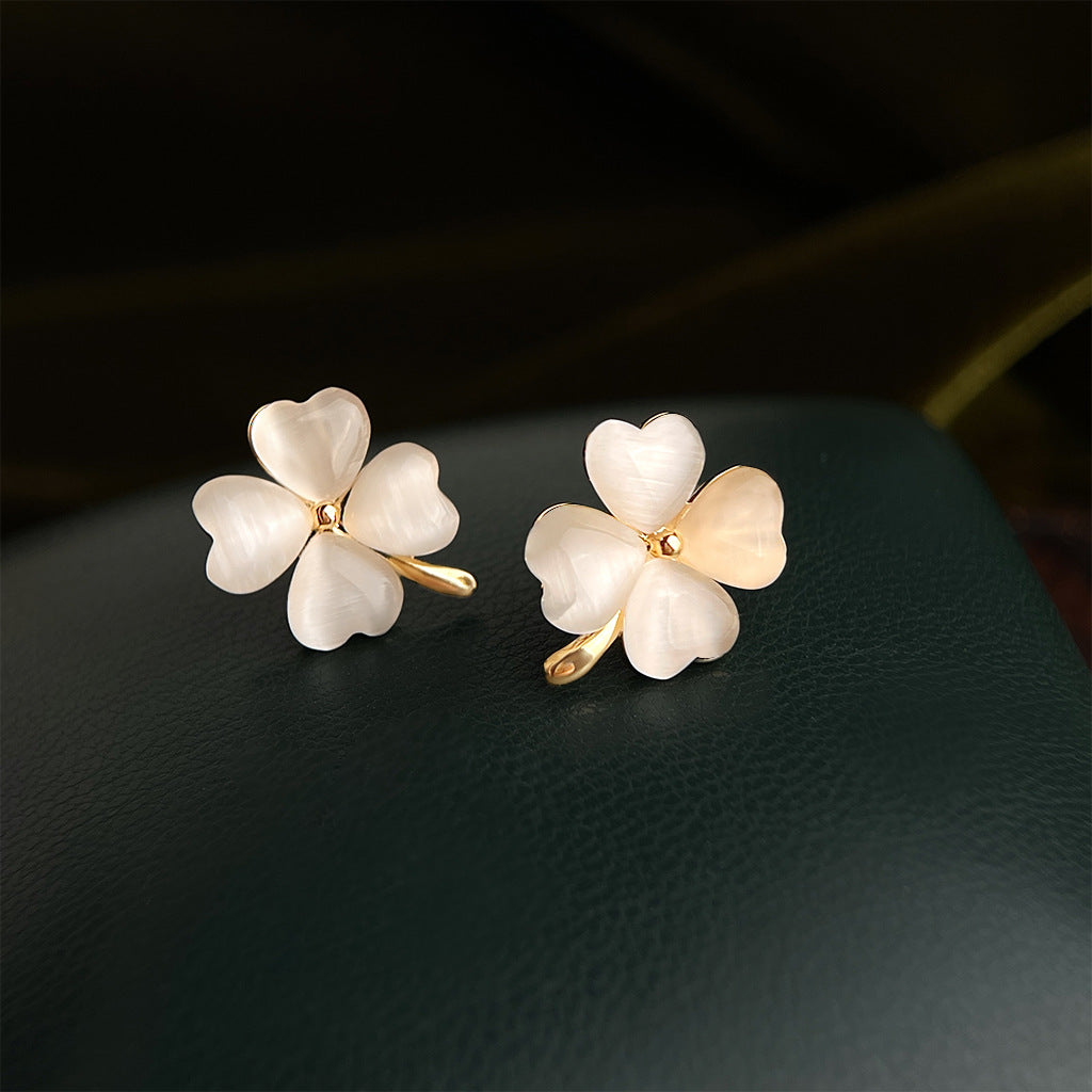 A廠 日韓款玻璃貓眼石四葉花銀針耳環批發 折扣@洽客服 26.04.W3「7316」