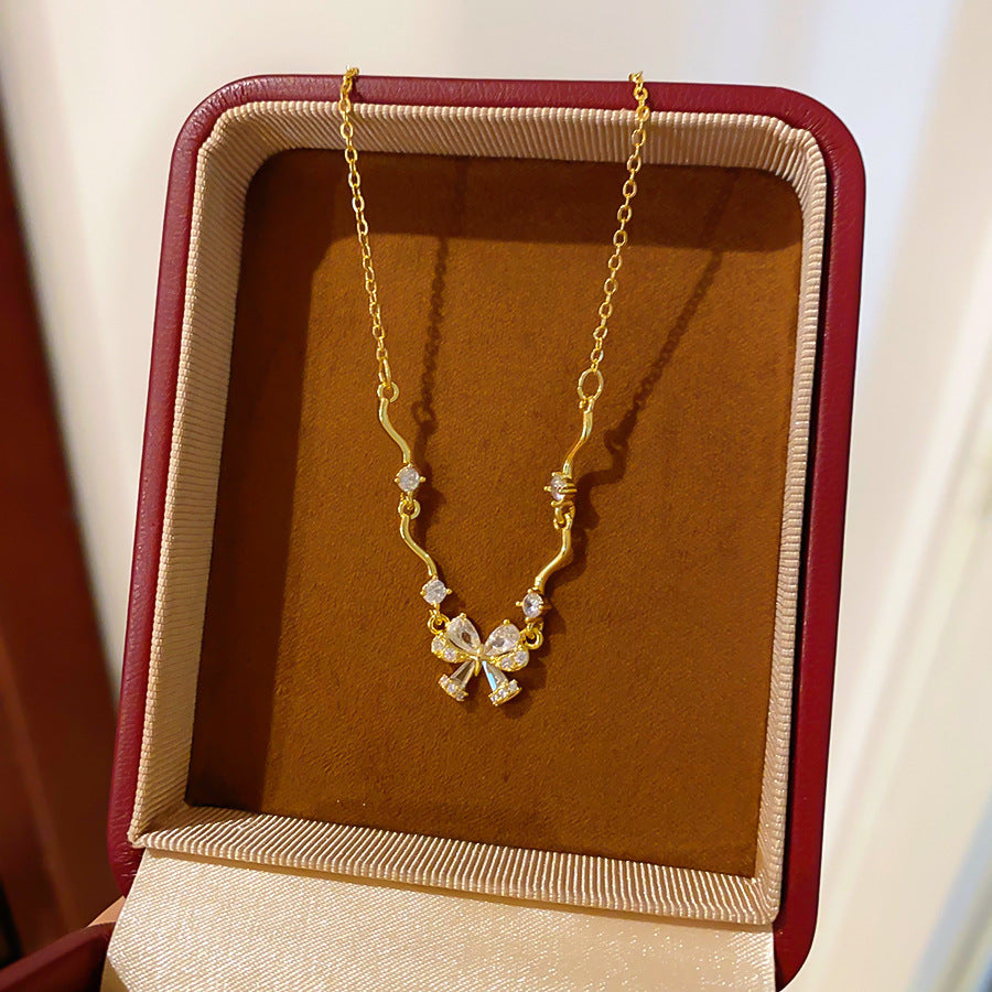 A2廠 韓系 精緻鋯石蝴蝶結項鍊批發 折扣@洽客服 26.09.W1「HN13133」