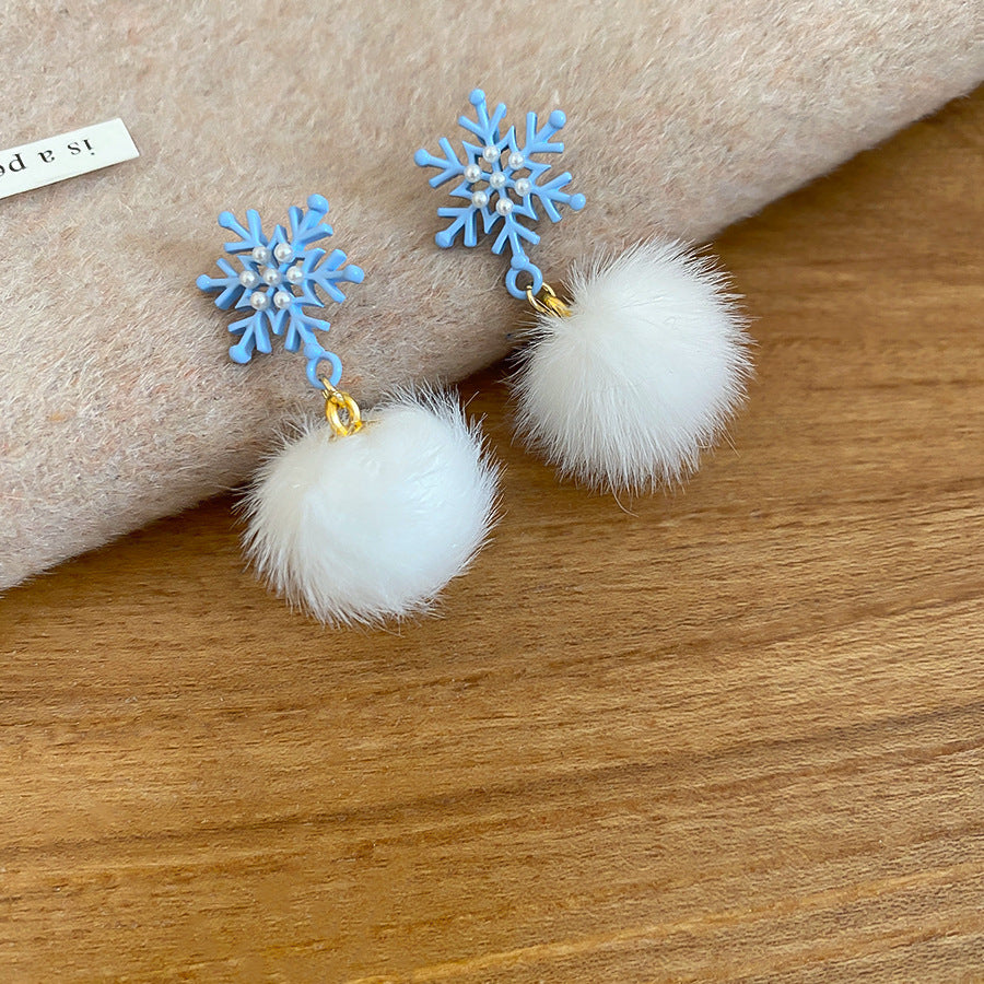A2廠 韓國韓版聖誕雪花毛球銀針耳環 批發 折扣@洽客服 25.12.W1「HE29437」