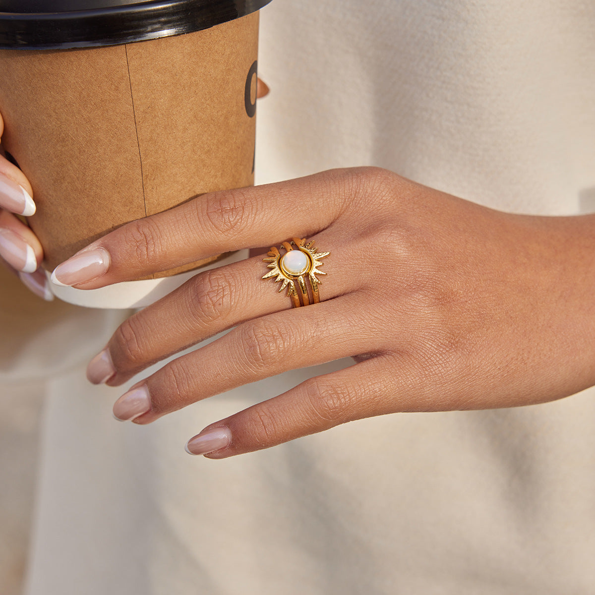 B廠 歐美款蛋白石太陽光芒三層鈦鋼鍍18K金戒指批發 折扣@洽客服 26.03.W2「JDR0311124-3pcs」