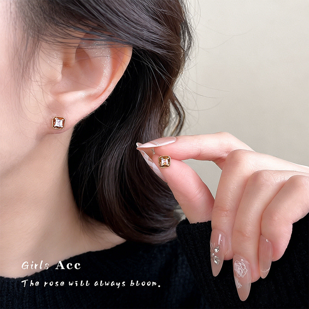 A廠 銅鍍金｜日韓款棕色滴釉方糖鋯石銀針耳環 批發 折扣@洽客服 26.02.W3「7112」