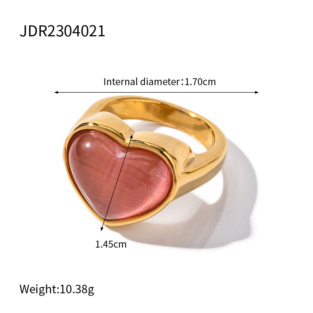 D廠【JDR2304021】潮流18K金愛心形粉色貓眼石不銹鋼戒指 23.07.W3