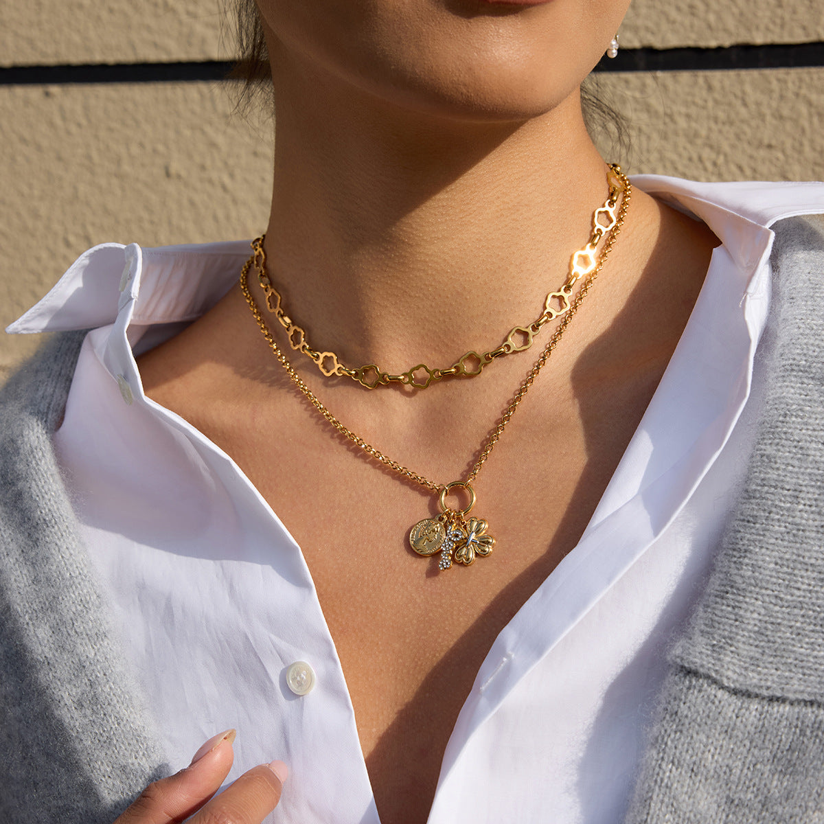 B廠 鈦鋼鍍18K金｜  四葉草硬幣吊墜LOVE項鍊 批發 折扣@洽客服 26.01.W2「JDN0410006-PS」