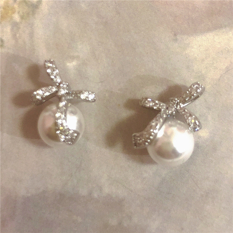 A2廠 韓國韓版鋯石珍珠蝴蝶結銀針耳環 批發 折扣@洽客服 25.11.W1「HE28946」
