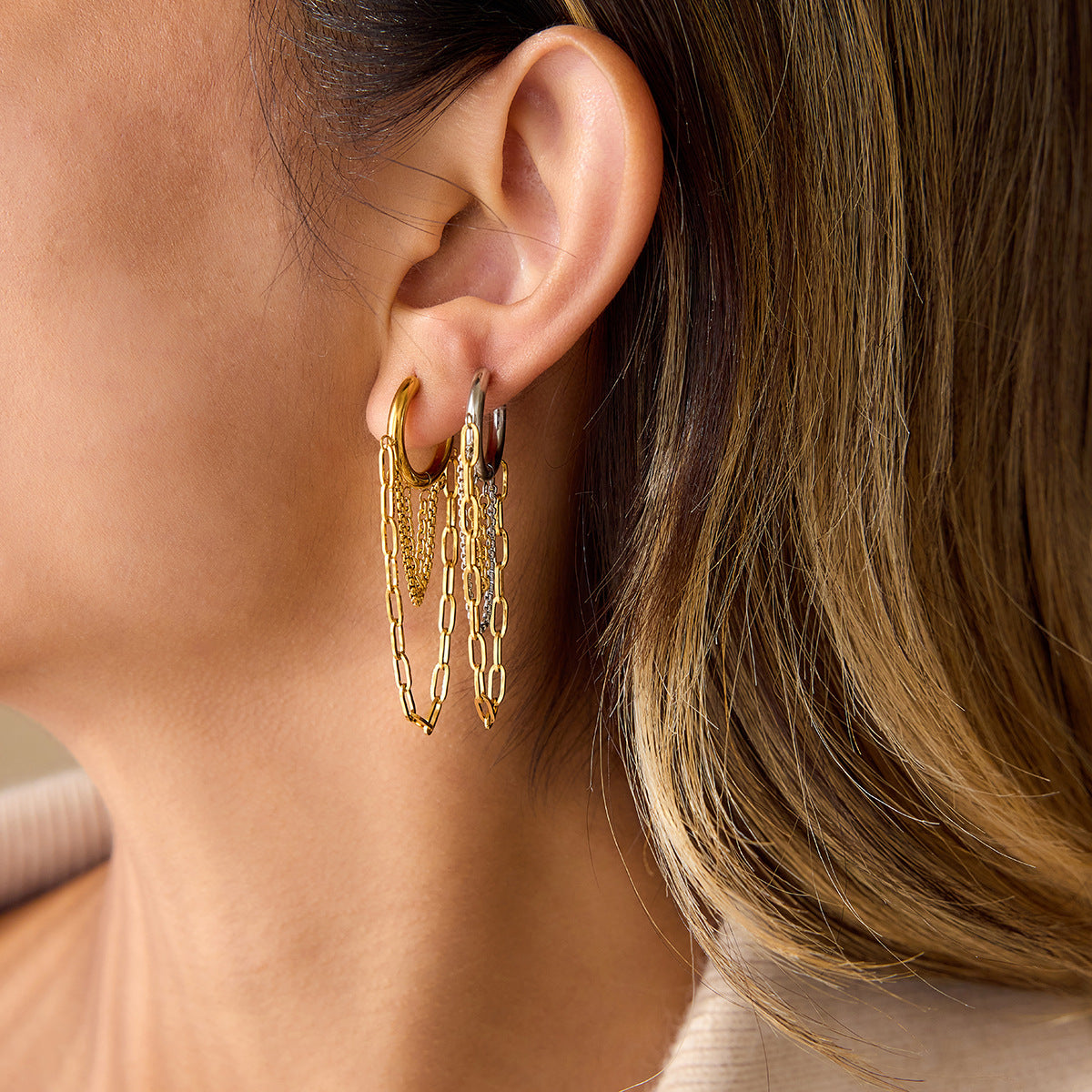 B廠 歐美款 SOPHIA 鏈條流蘇鈦鋼鍍18K金耳環 批發 折扣@洽客服 25.12.W1「JDE0307007」