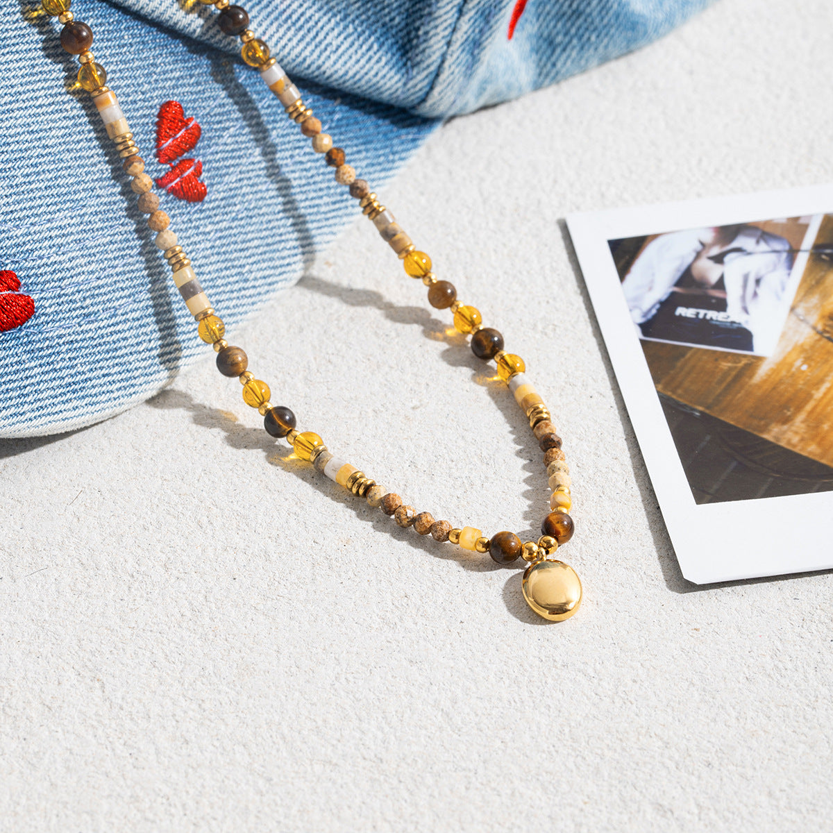 B廠 歐美款 虎眼石天然石玻璃水晶串珠 鈦鋼鍍18K金項鍊 批發 折扣@洽客服 25.10.W5「JDN0307008」