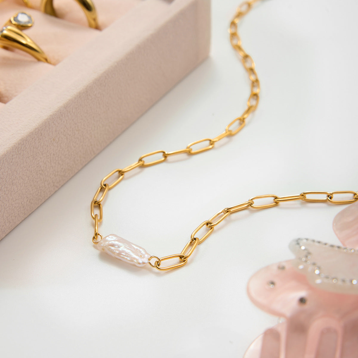 B廠 歐美款 淡水珍珠迴紋針 鈦鋼鍍18K金項鍊「JDN0308009  JDN0305024」批發 折扣@洽客服 25.10.W5