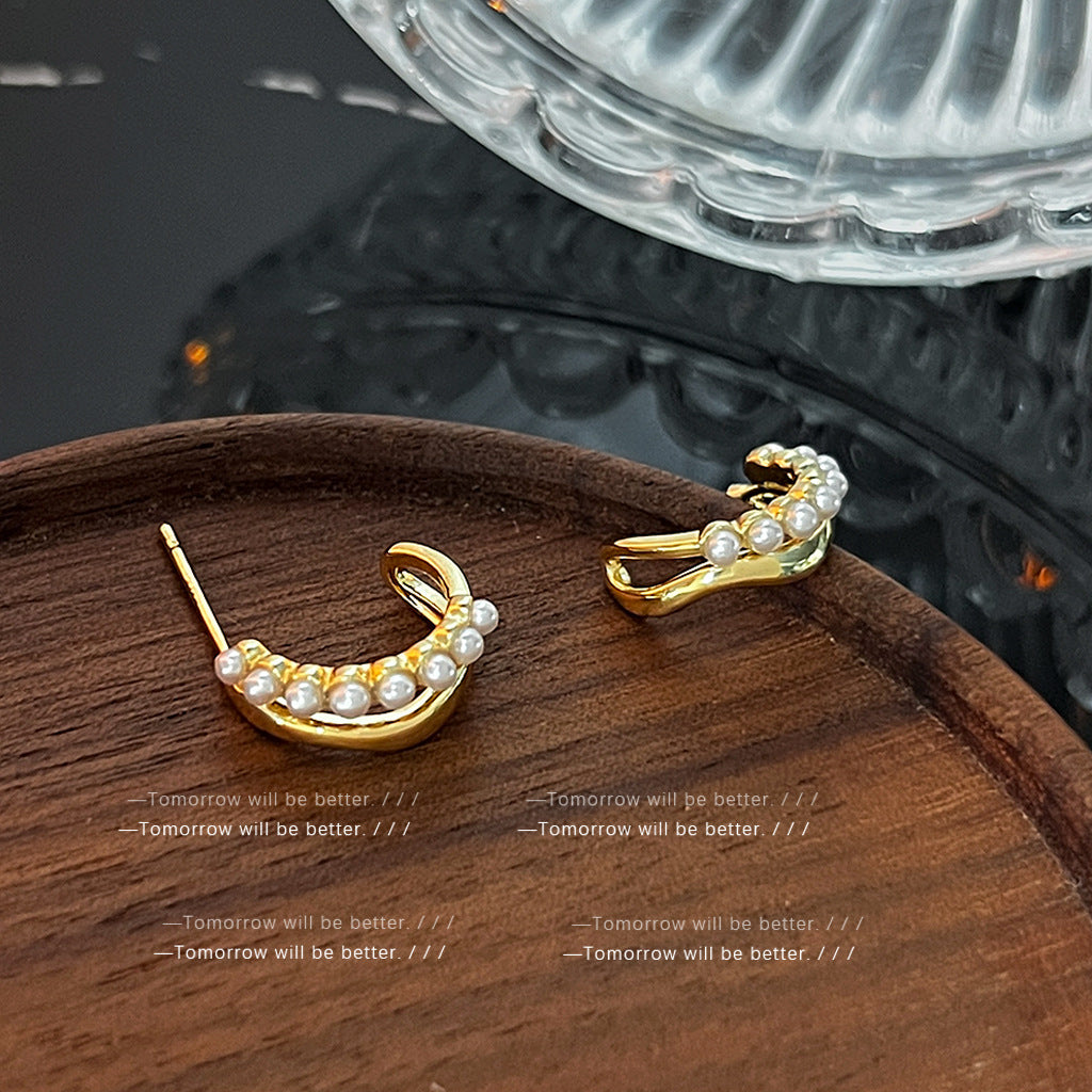 A廠 雙層簡約C型珍珠銀針耳環「1424」24.05.W5