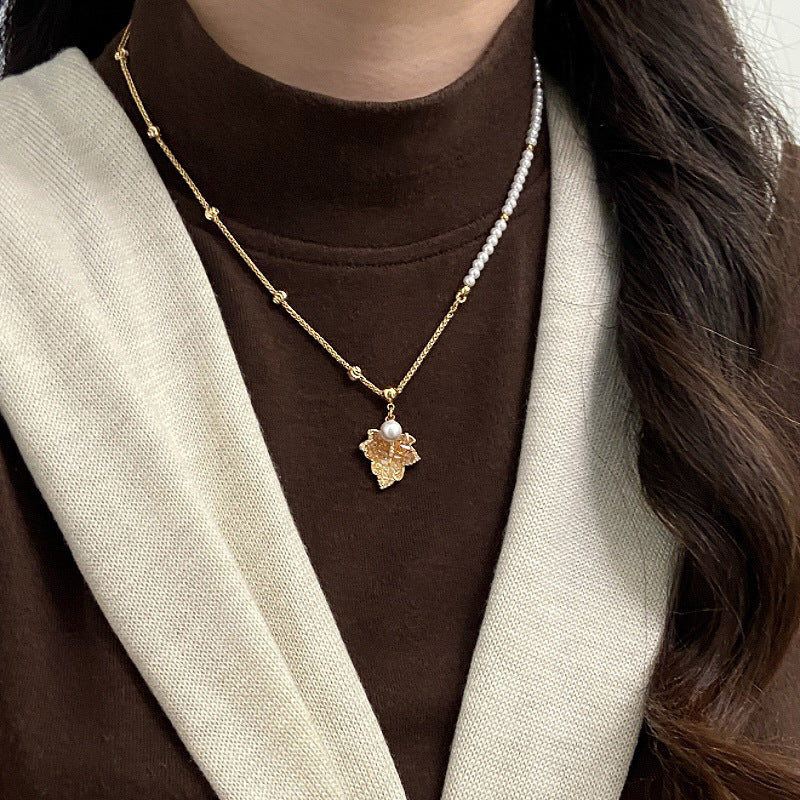 A2廠 韓國韓版鋯石楓葉珍珠串珠電鍍18K真金項鍊 批發 折扣@洽客服 25.11.W2「WN1854」