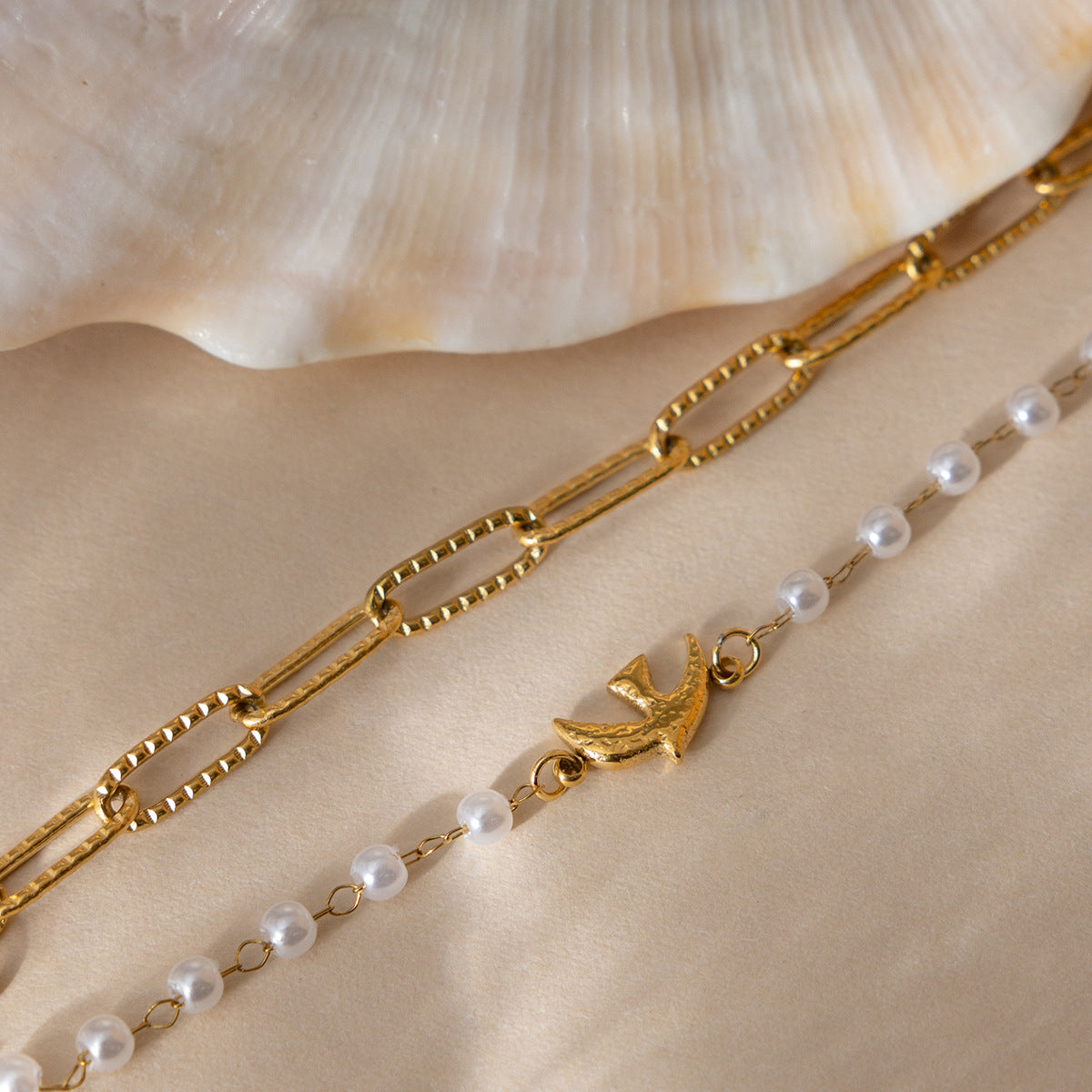 B廠 鈦鋼鍍18K金｜歐美仿珍珠和平鴿手鍊 批發 折扣@洽客服 26.01.W4「JDB0211110」