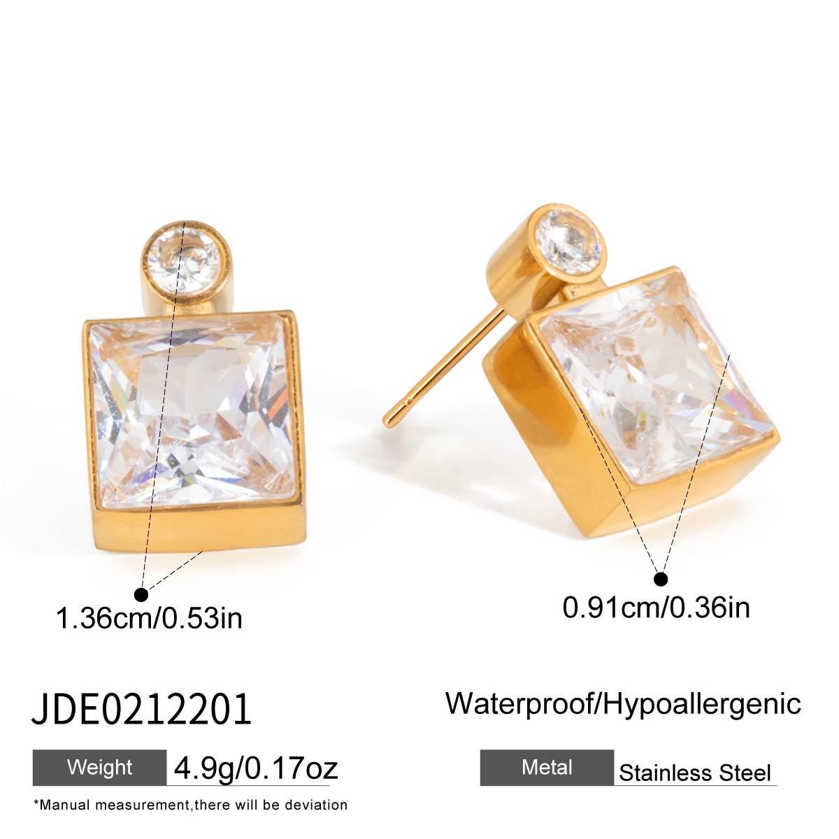 B廠 歐美款白色方形鋯石鈦鋼鍍18K金耳環批發 折扣@洽客服 26.03.W2「JDE0212201」