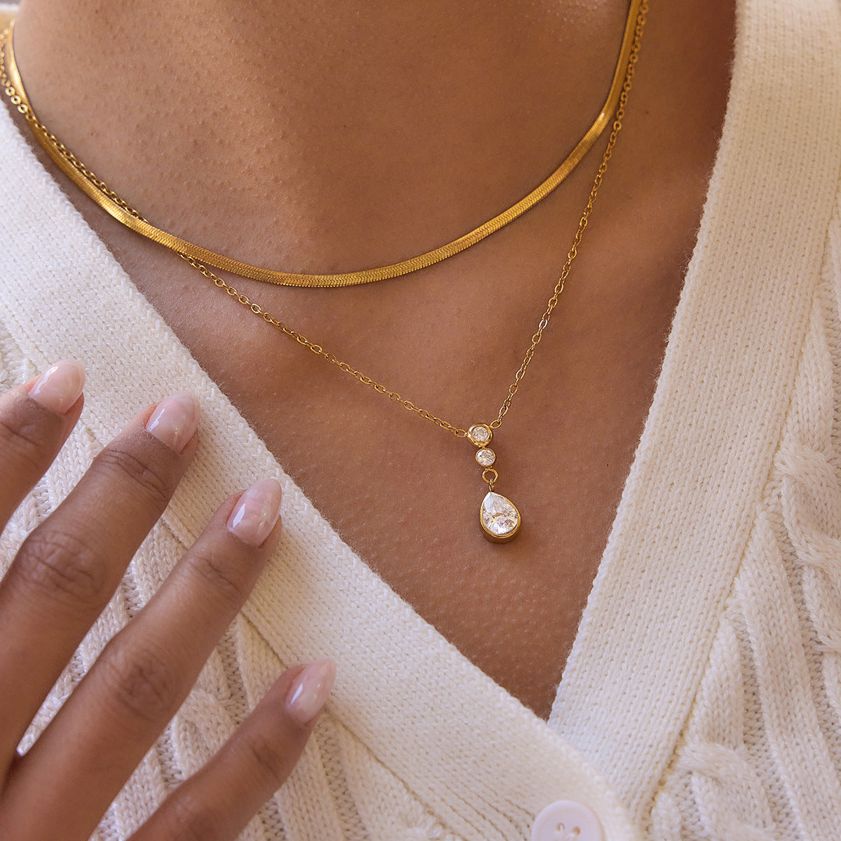 B廠 歐美款 水滴鋯石吊墜O字鏈雙層鈦鋼鍍18K金項鍊 批發 折扣@洽客服 26.03.W1「JDN0311126」