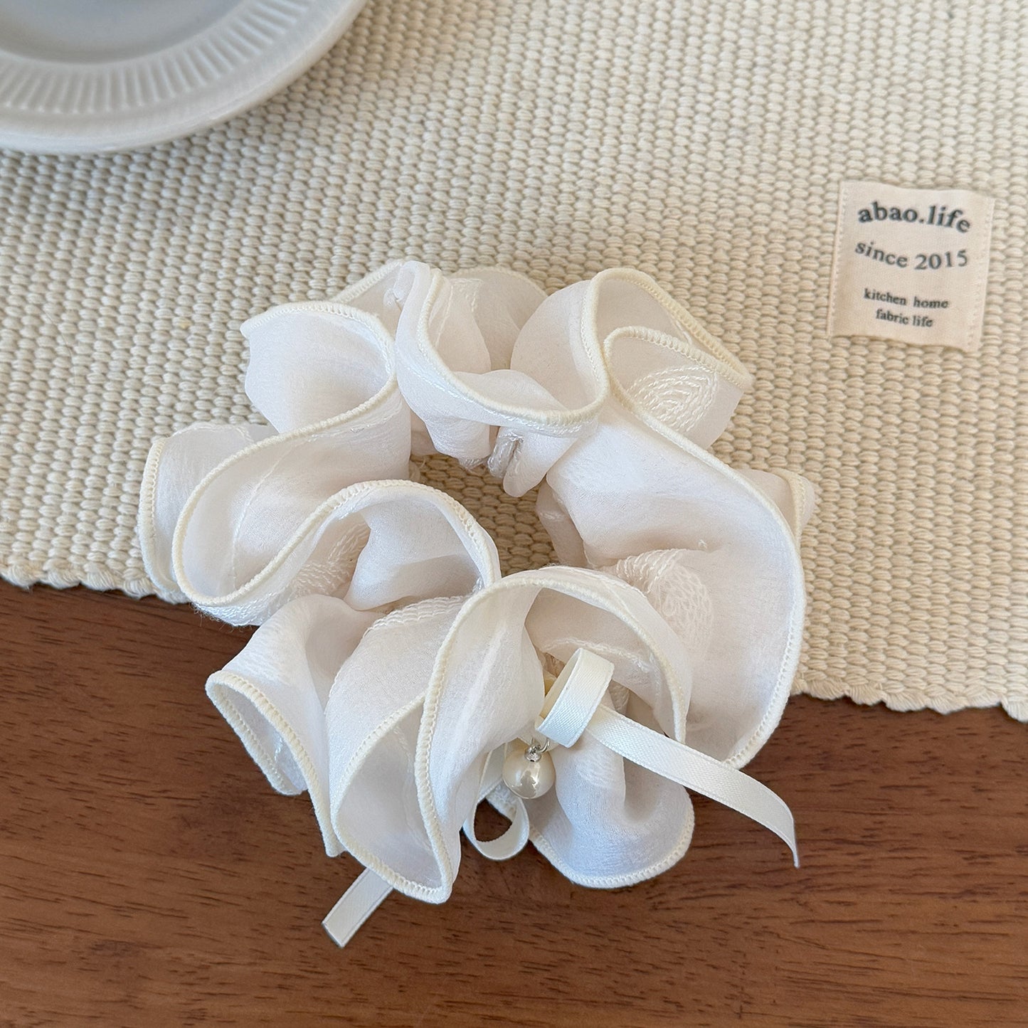 D廠 韓版米白色刺繡雙層頭花髮圈批發 折扣@洽客服 26.06.W1「FQ-1043」