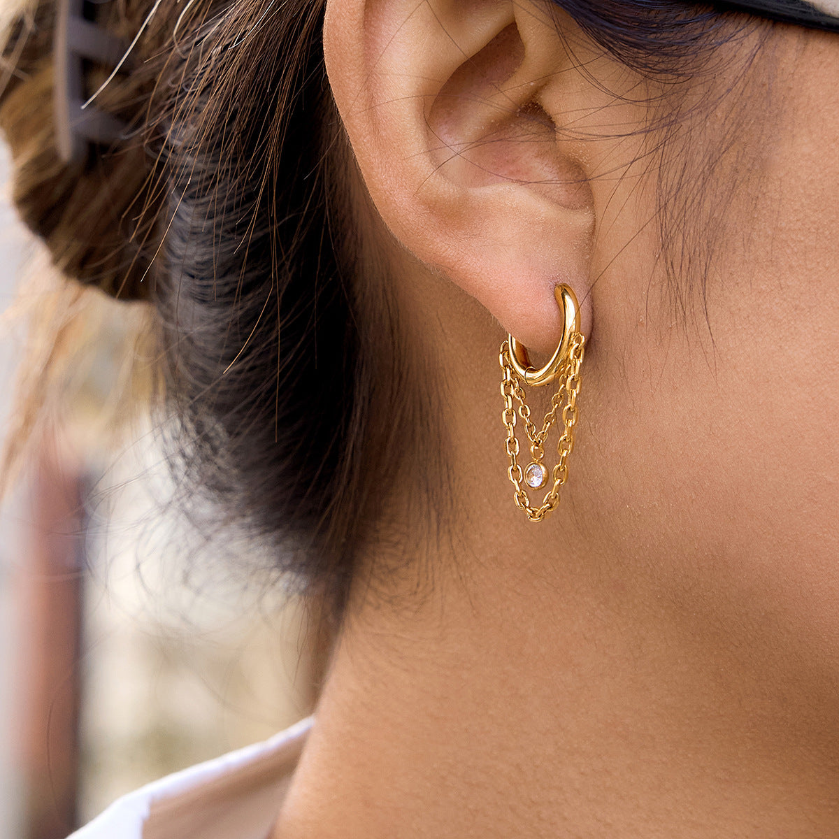 B廠 鈦鋼鍍18K金｜ 圓形鋯石鏈耳環 批發 折扣@洽客服 26.01.W2「JDE0311107」