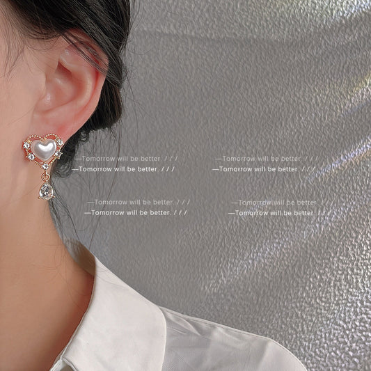 A廠 日韓款鑲鑽愛心珍珠銀針耳環批發 折扣@洽客服 26.03.W4「A923」