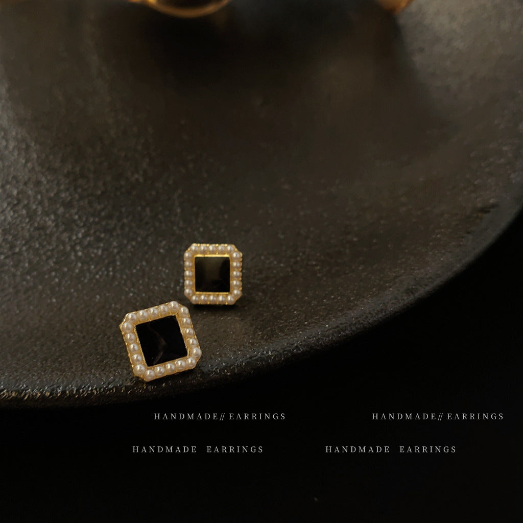 A廠 日韓款 復古珍珠滴油方形銀針耳環 批發 折扣@洽客服 25.10.W5「B-192-B-193」