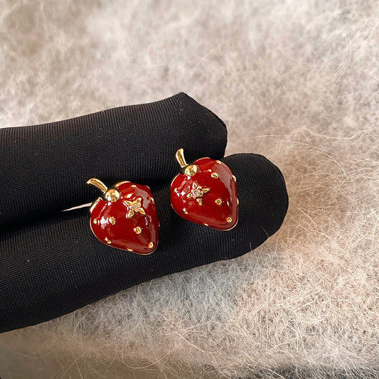 A2廠 韓國韓版 鋯石滴油草莓鈦鋼電鍍14K真金耳環批發 折扣@洽客服 26.03.W2「HE30661」