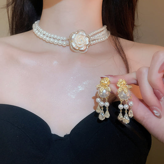 A2廠 韓國韓版鑲鑽花朵多層珍珠項鍊&耳環  批發 折扣@洽客服 26.01.W1「HE29800 HN10880」