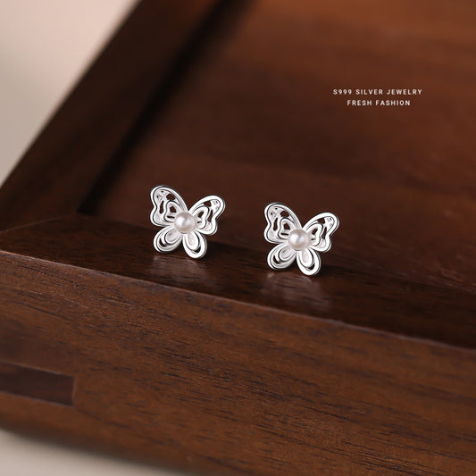 C廠 韓國韓版鏤空仿珍珠蝴蝶S999純銀耳環 批發 折扣@洽客服 26.01.W1「E6045」