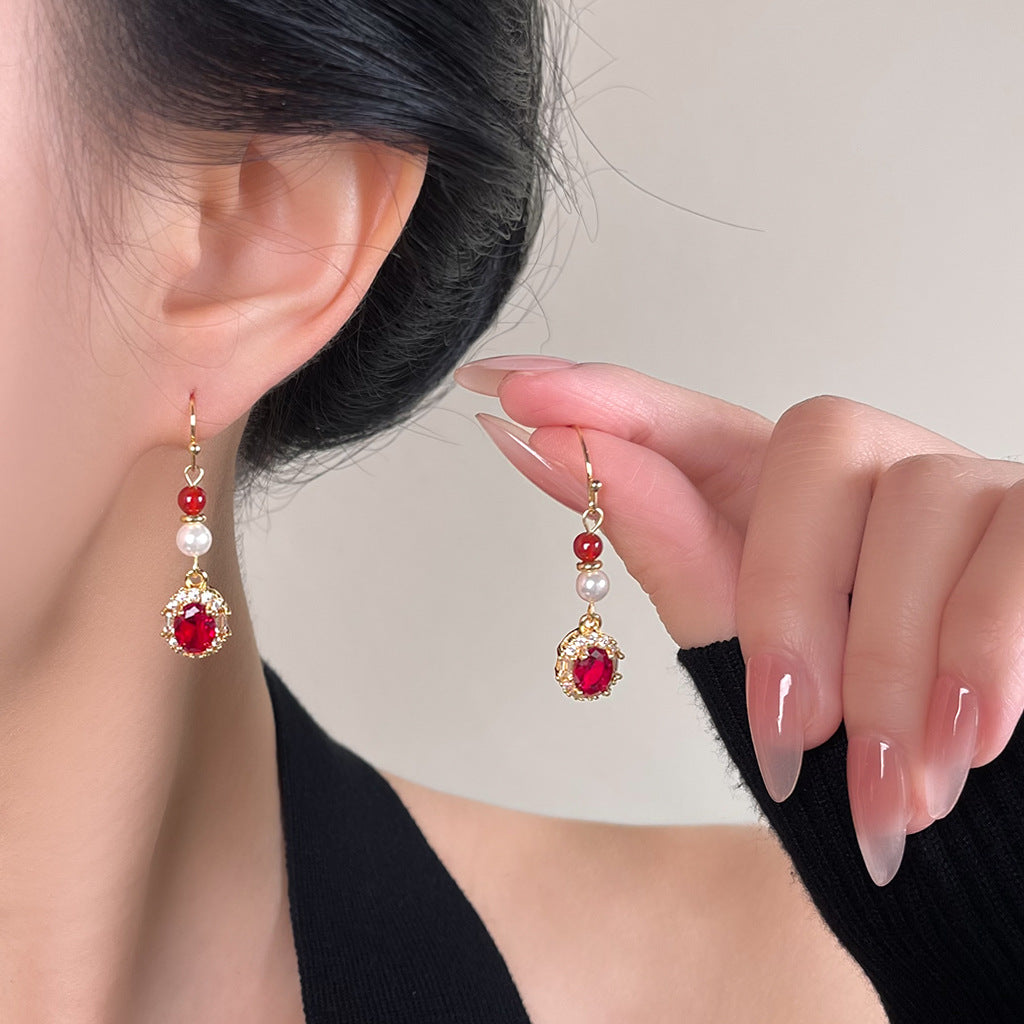 A廠 日韓款復古酒紅鋯石珍珠耳環 批發 折扣@洽客服 26.01.W1「7028」