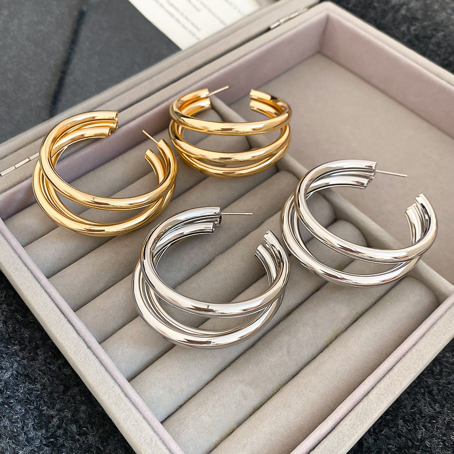 A2廠 韓國韓版金屬感多層圓形銀針耳環 批發 折扣@洽客服 25.11.W1「HE505-4-5」