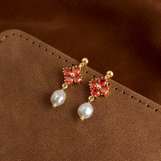 A廠 日韓款輕奢重工紅鋯石淡水珍珠銀針耳環 批發 折扣@洽客服 25.12.W2「6917」