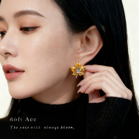 A廠 環保銅 ｜ 韓系系雙層楓葉漸層滴釉銀針耳環 批發 折扣@洽客服 26.01.W3「6996」