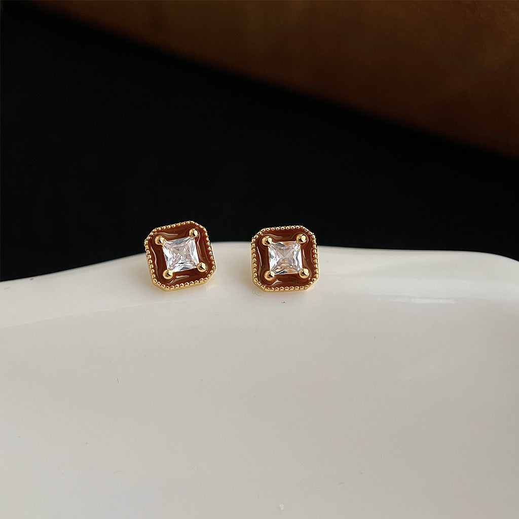 A廠 銅鍍金｜日韓款棕色滴釉方糖鋯石銀針耳環 批發 折扣@洽客服 26.02.W3「7112」