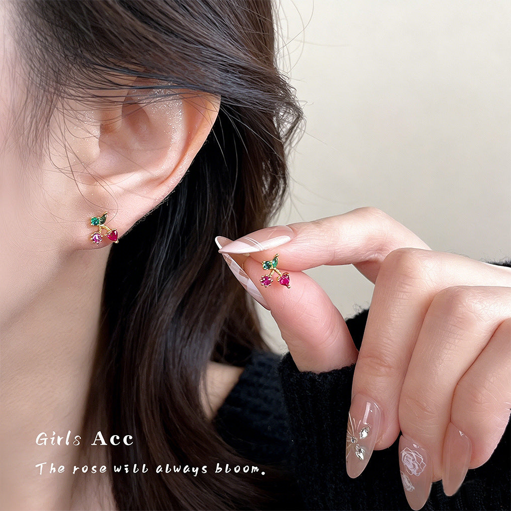 A廠 日韓款 微鑲鋯石櫻桃銀針耳環 批發 折扣@洽客服 26.03.W1「7111」