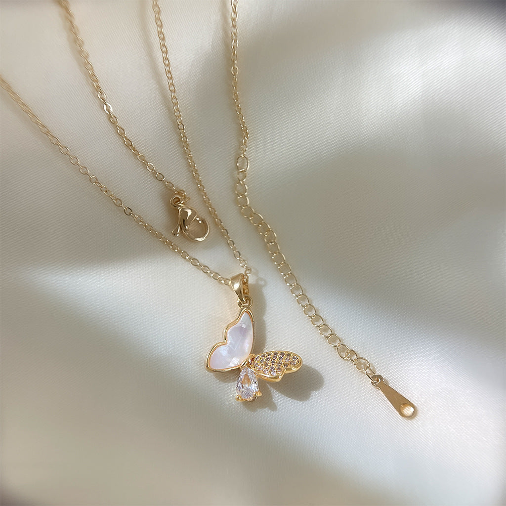 A廠 日韓系白玉蝶微鑲鋯石銅鍍18K金項鍊批發 折扣@洽客服 26.09.W4「4580」