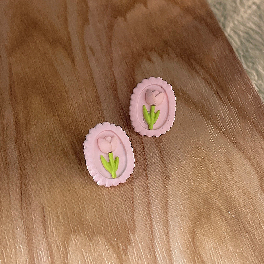 A廠 日韓可愛撞色鬱金香銀針耳環批發 折扣@洽客服 26.03.W3「B-447」