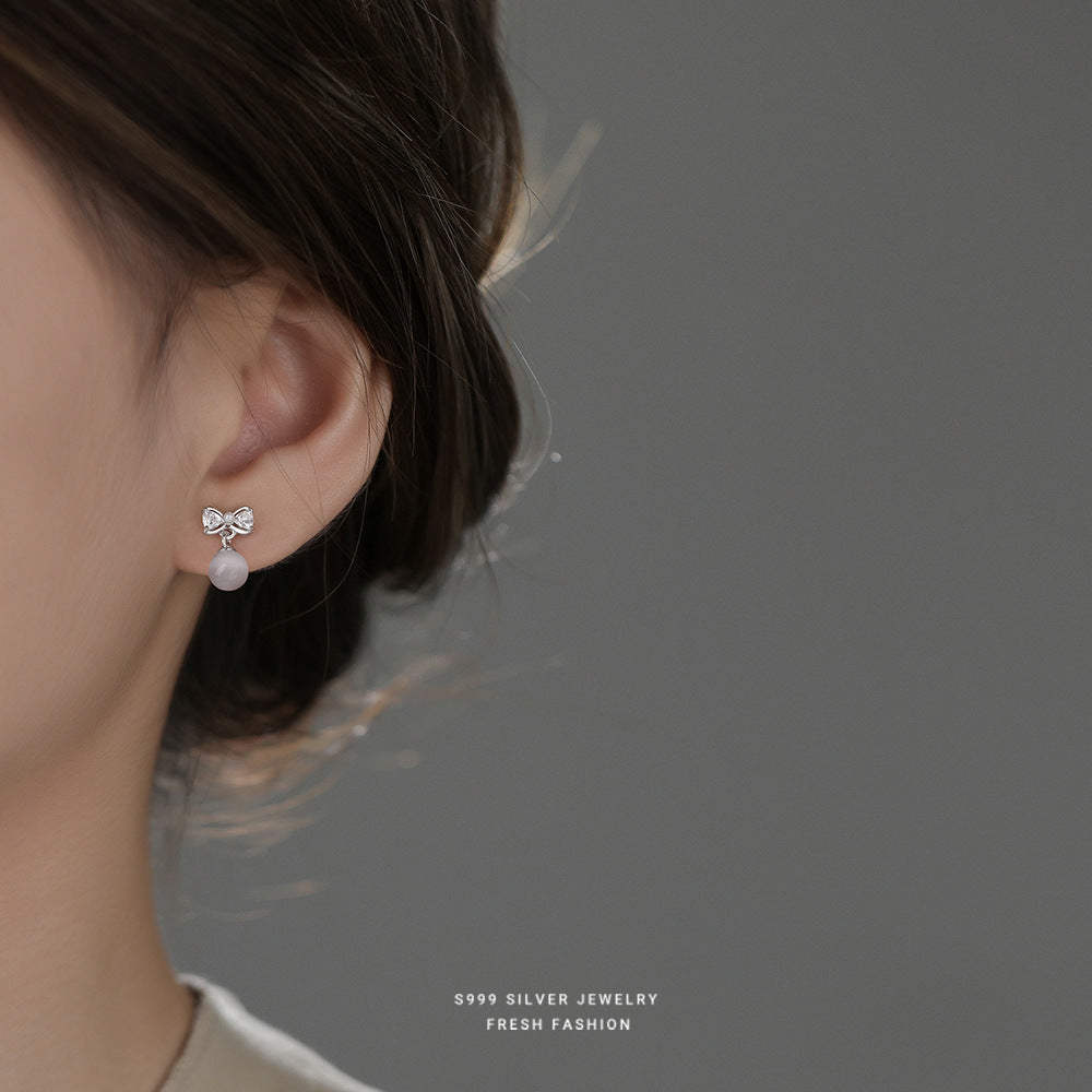 C廠 韓國韓版白貓眼石蝴蝶結S999純銀耳環 批發 折扣@洽客服 25.11.W3「E5787」