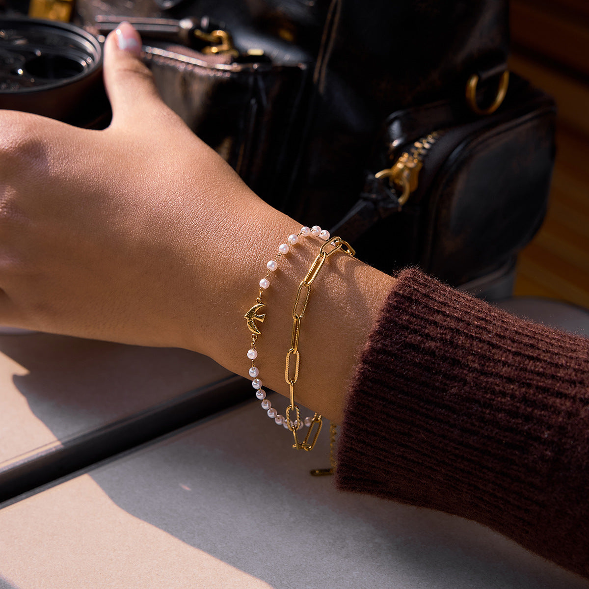 B廠 鈦鋼鍍18K金｜歐美仿珍珠和平鴿手鍊 批發 折扣@洽客服 26.01.W4「JDB0211110」