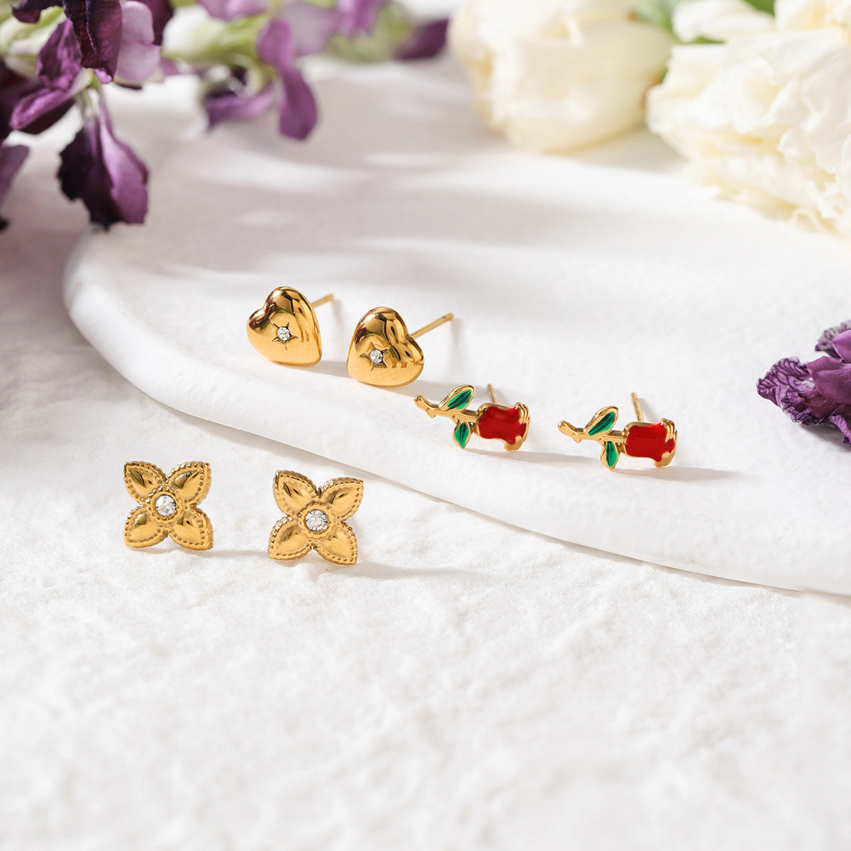 B廠 歐美款 ROSY 玫瑰花鈦鋼鍍18K金耳環-3對1組 批發 折扣@洽客服 25.12.W1「JDE0208024」