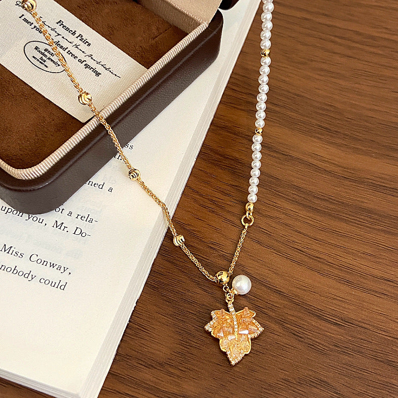 A2廠 韓國韓版鋯石楓葉珍珠串珠電鍍18K真金項鍊 批發 折扣@洽客服 25.11.W2「WN1854」