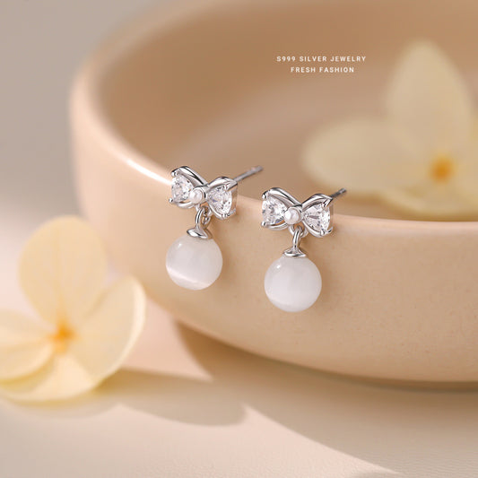 C廠 韓國韓版白貓眼石蝴蝶結S999純銀耳環 批發 折扣@洽客服 25.11.W3「E5787」