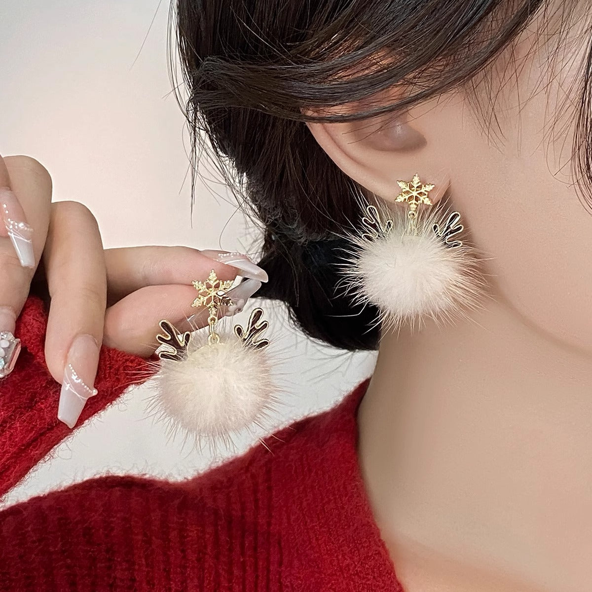 A2廠 日韓款滴油雪花鹿角毛球銀針耳環 批發 折扣@洽客服 25.11.W4「HE23942」