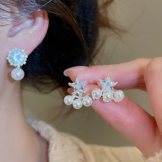 A2廠 韓國韓版鋯石星星圓形珍珠銀針耳環批發 折扣@洽客服 26.03.W3「HE29735」