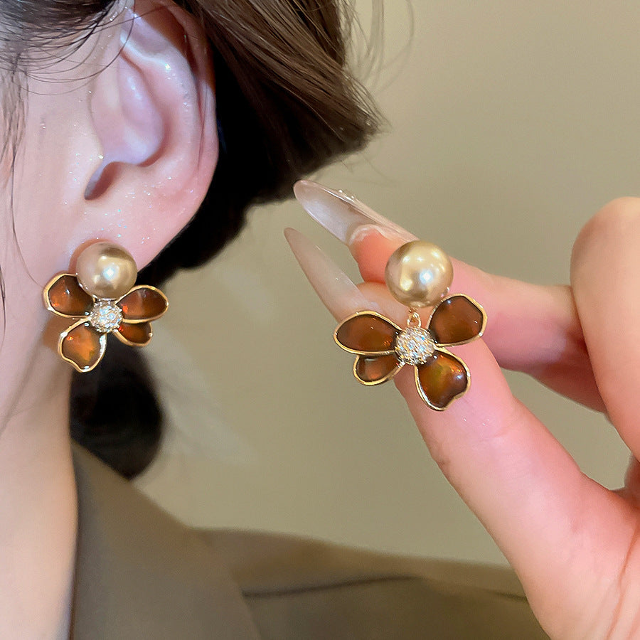 A2廠 日韓款滴油花朵珍珠電鍍18k金銀針耳環 批發 折扣@洽客服 25.11.W4「WE4955」