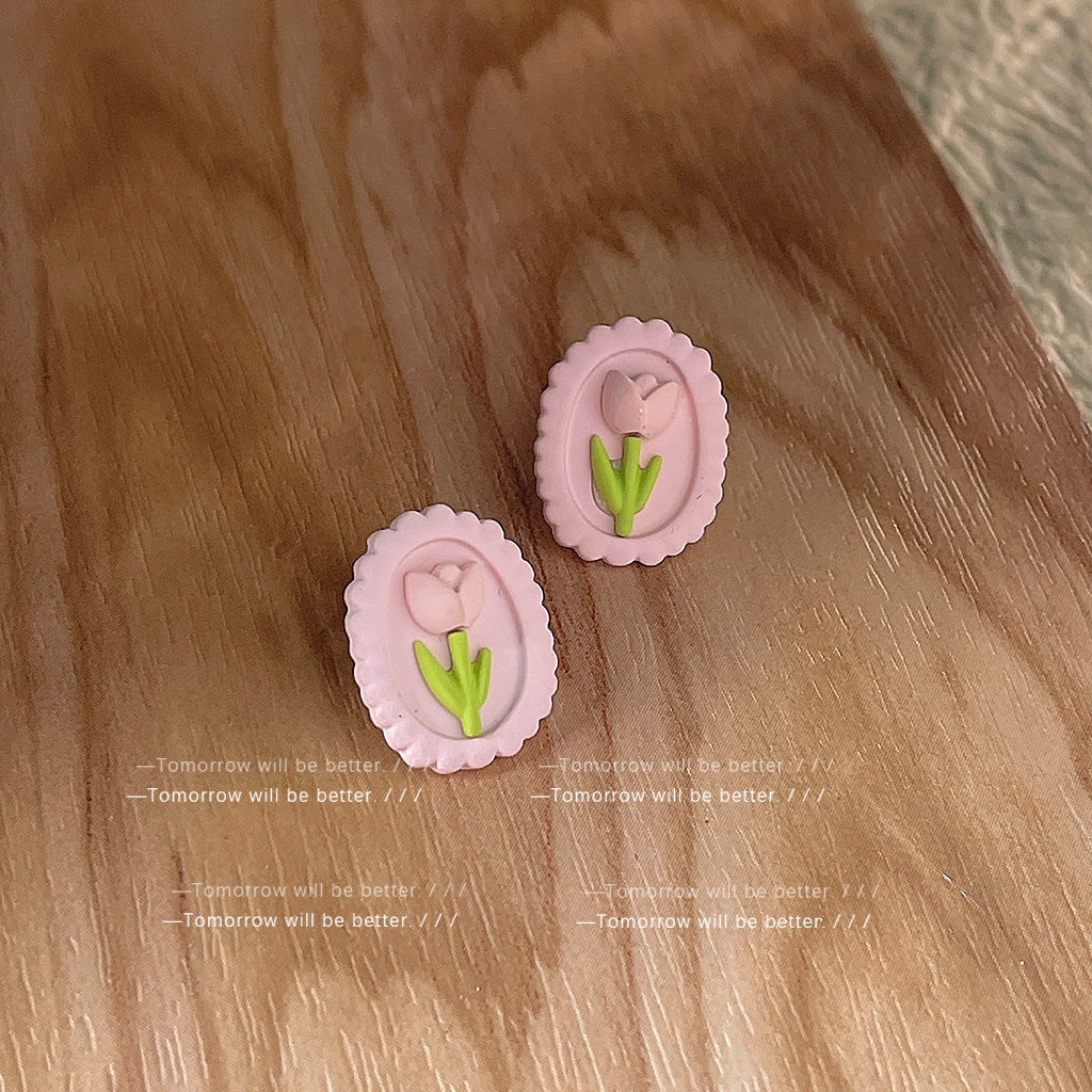 A廠 日韓可愛撞色鬱金香銀針耳環批發 折扣@洽客服 26.03.W3「B-447」