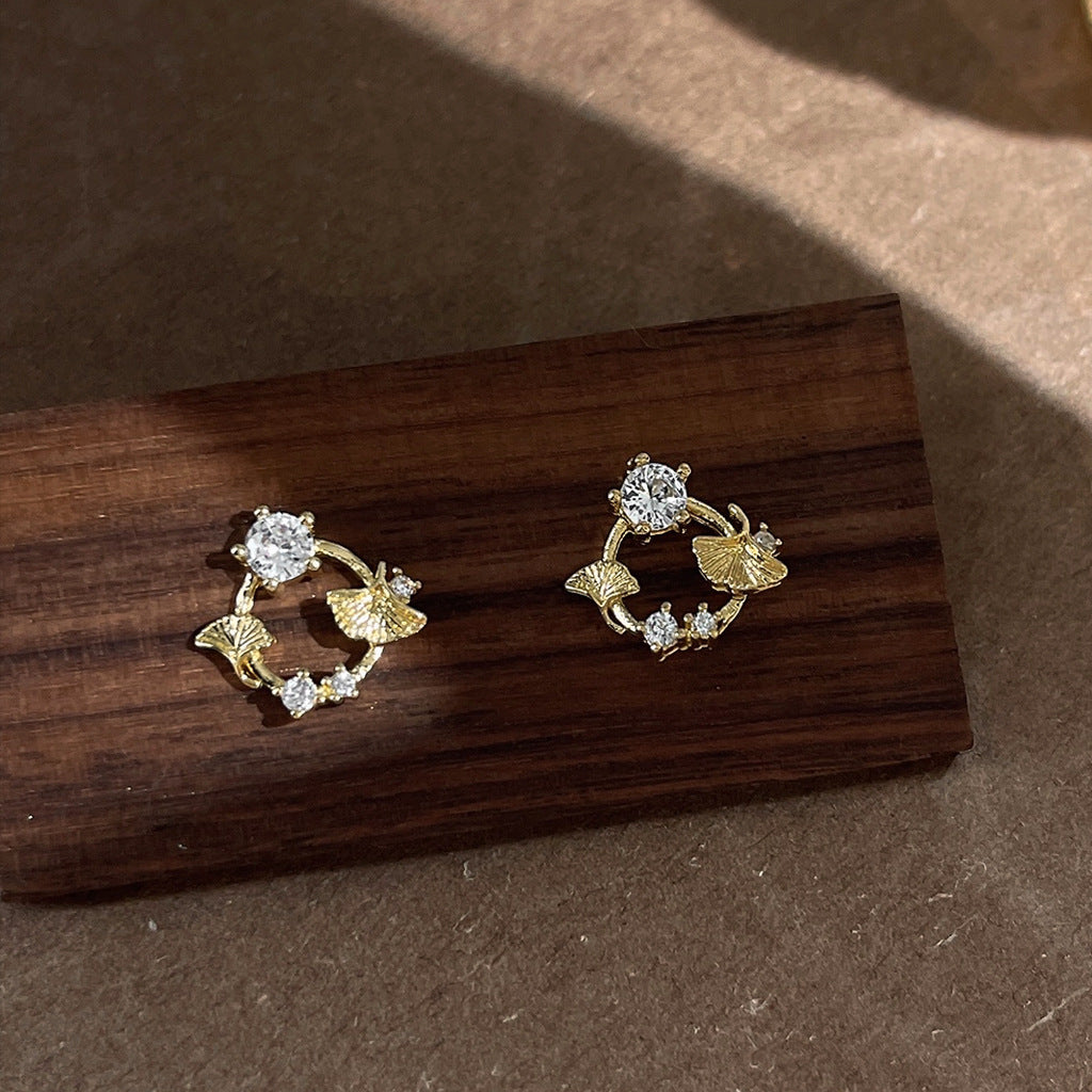 A廠 日韓銀杏葉微鑲鋯石銀針耳環批發 折扣@洽客服 26.03.W3「A194」