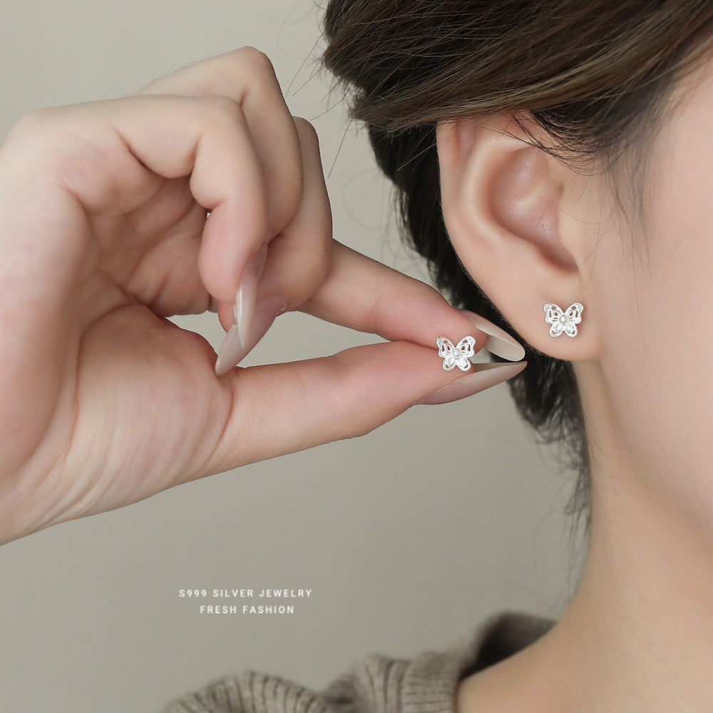 C廠 韓國韓版鏤空仿珍珠蝴蝶S999純銀耳環 批發 折扣@洽客服 26.01.W1「E6045」