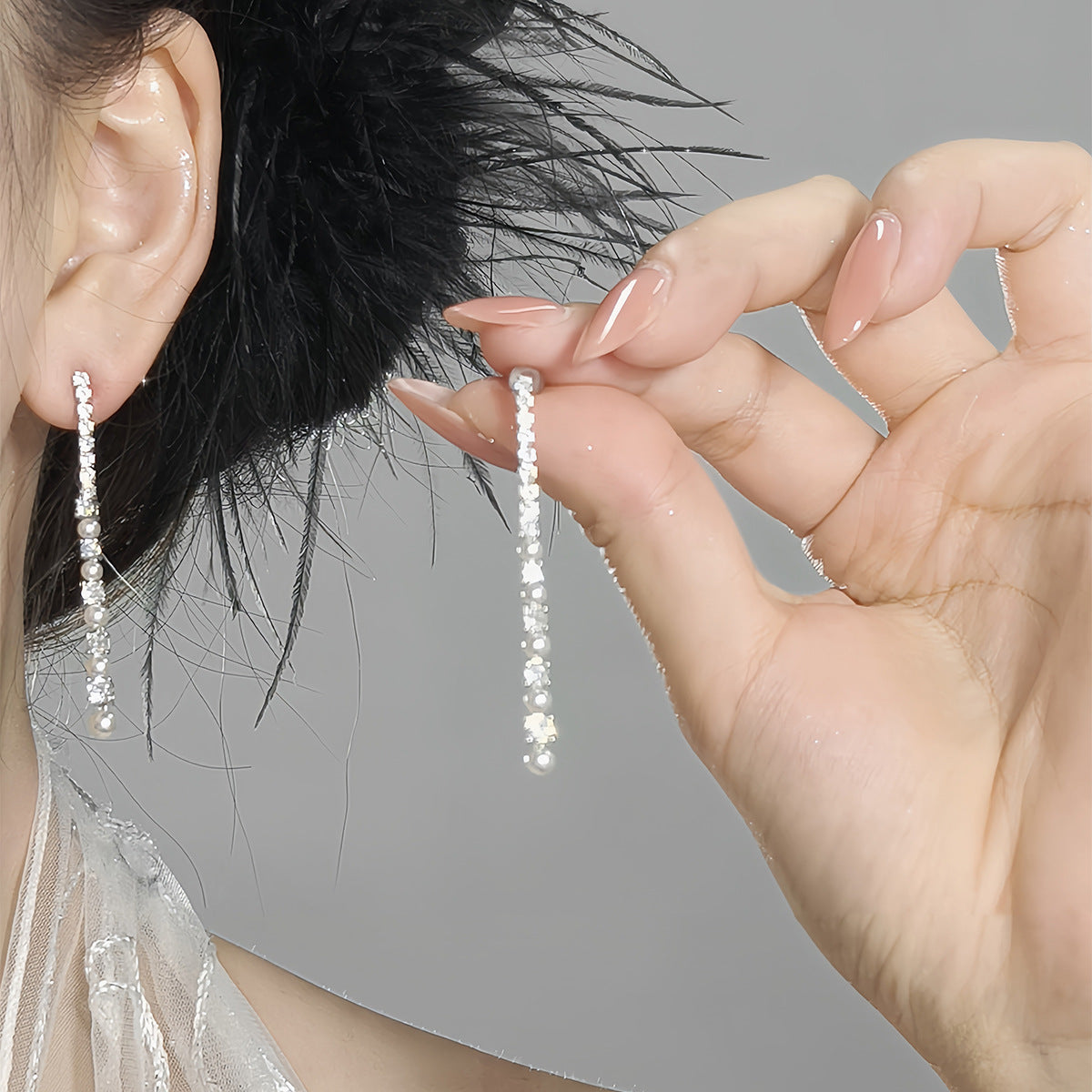 A2廠 韓國韓版超閃鋯石長珍珠流蘇銀針耳環 批發 折扣@洽客服 25.11.W1「HE24410」